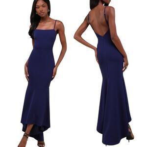 Lulus Stunning Enchantment Maxi Dress Gown Open Back High Low Navy Blue NEW L